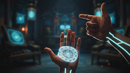 Advanced hand gestures demonstration in SimLab Composer 15 VR mode showing two-finger interaction