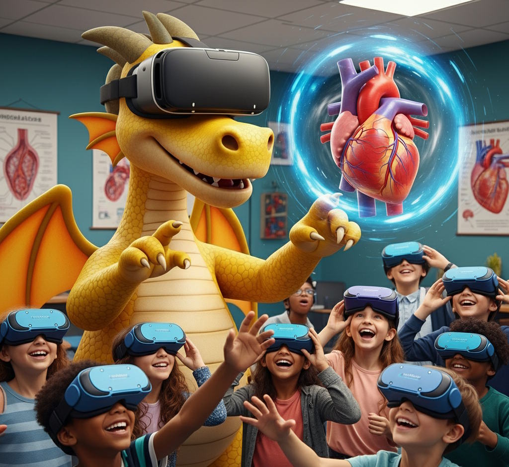 Students using VR in school classroom