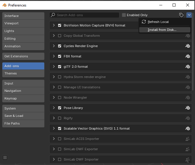 Install IGES importer addon from disk in Blender 5