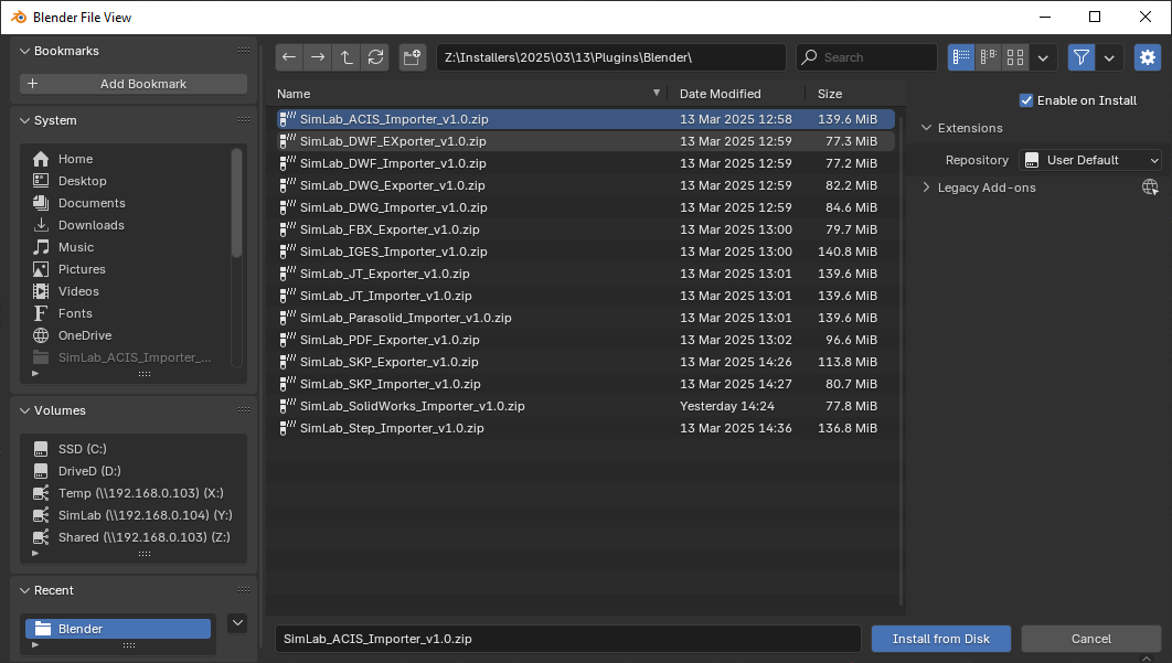 Select SimLab IGES importer ZIP file for Blender installation