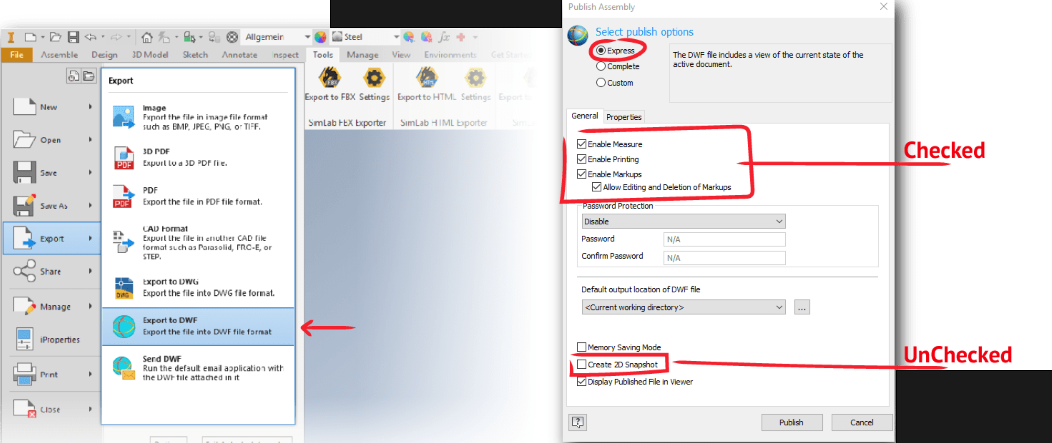 Inventor DWF export settings for 3D PDF compatibility