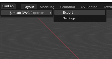 SimLab DWG Exporter panel in Blender 5 interface for AutoCAD export