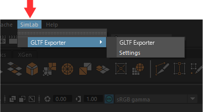 Step-by-step glTF export process from Maya showing format options and settings