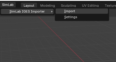 SimLab IGES Importer panel in Blender 5 interface for CAD model import