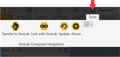 SimLab Composer integration tab in Autodesk Inventor showing plugin interface and export options