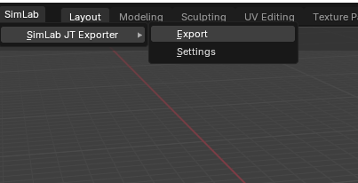 SimLab JT Exporter panel in Blender 5 interface for Siemens format export