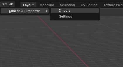 SimLab JT Importer panel in Blender showing CAD import options