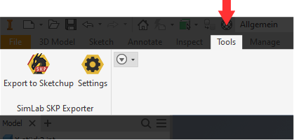 SimLab SketchUp Exporter plugin in Autodesk Inventor interface showing export options